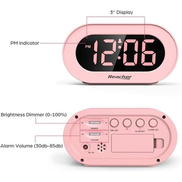 Pink Girls AlarmClock for KidsBedroom,Dimmable LEDDigital Display,Outlet Powered - Picture 4 of 5